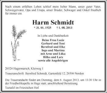Traueranzeige von Harm Schmidt von Ostfriesischer Kurier