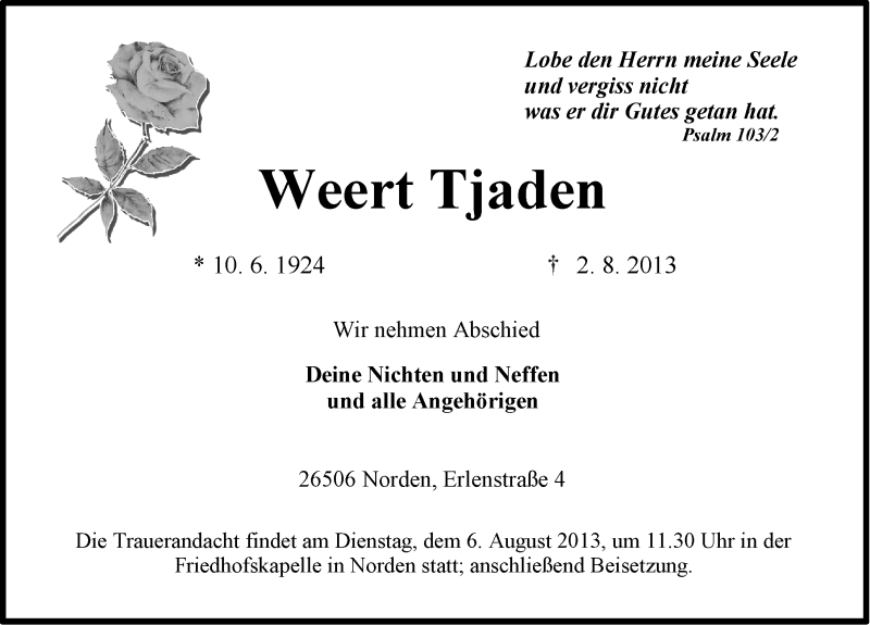  Traueranzeige für Weert Tjaden vom 03.08.2013 aus Ostfriesischer Kurier