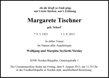 Traueranzeige von Margarete Tischner von Ostfriesischer Kurier