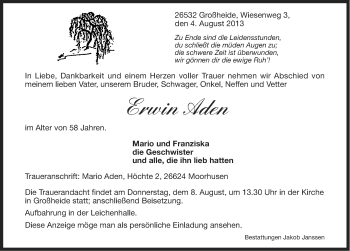 Traueranzeige von Erwin Aden von Ostfriesischer Kurier