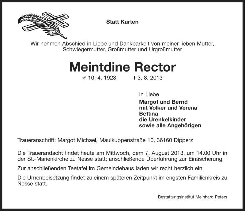  Traueranzeige für Meintdine Rector vom 07.08.2013 aus Ostfriesischer Kurier