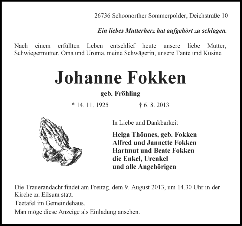  Traueranzeige für Johanne Fokken vom 07.08.2013 aus Ostfriesischer Kurier