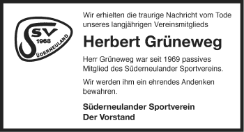 Traueranzeige von Herbert Grüneweg von Ostfriesischer Kurier