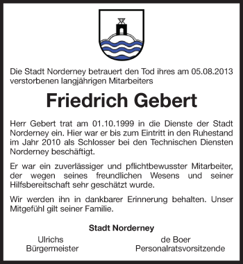 Traueranzeige von Friedrich Gebert von Ostfriesischer Kurier