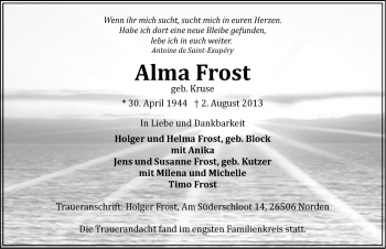 Traueranzeige von Alma Frost von Ostfriesischer Kurier