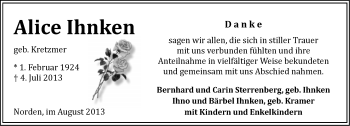 Traueranzeige von Alice Ihnken von Ostfriesischer Kurier
