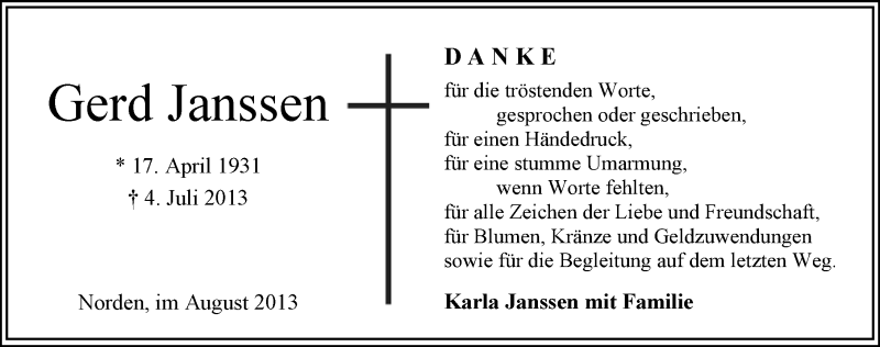  Traueranzeige für Gerd Janssen vom 10.08.2013 aus Ostfriesischer Kurier
