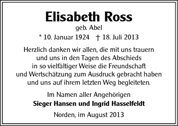 Traueranzeige von Elisabeth Ross von Ostfriesischer Kurier
