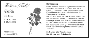 Traueranzeige von Talina Wilts von Ostfriesischer Kurier