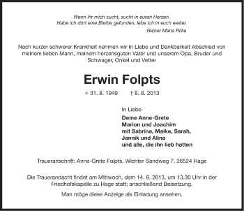 Traueranzeige von Erwin Folpts von Ostfriesischer Kurier