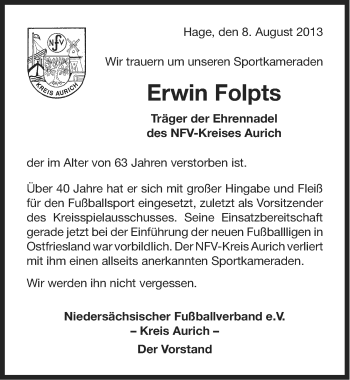 Traueranzeige von Erwin Folpts von Ostfriesischer Kurier