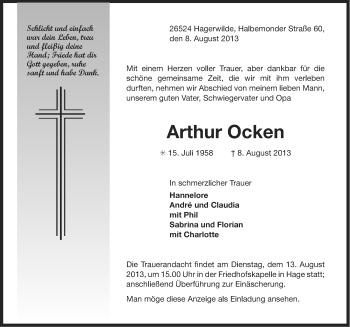 Traueranzeige von Arthur Ocken von Ostfriesischer Kurier
