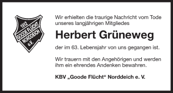 Traueranzeige von Herbert Grüneweg von Ostfriesischer Kurier