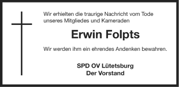 Traueranzeige von Erwin Folpts von Ostfriesischer Kurier