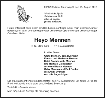 Traueranzeige von Heyo Mennen von Ostfriesischer Kurier