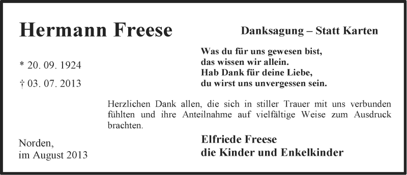  Traueranzeige für Hermann Freese vom 17.08.2013 aus Ostfriesischer Kurier
