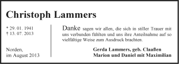 Traueranzeige von Christoph Lammers von Ostfriesischer Kurier