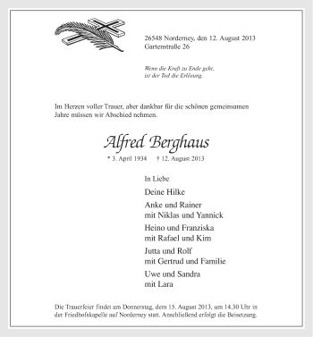 Traueranzeige von Alfred Berghaus von Ostfriesischer Kurier
