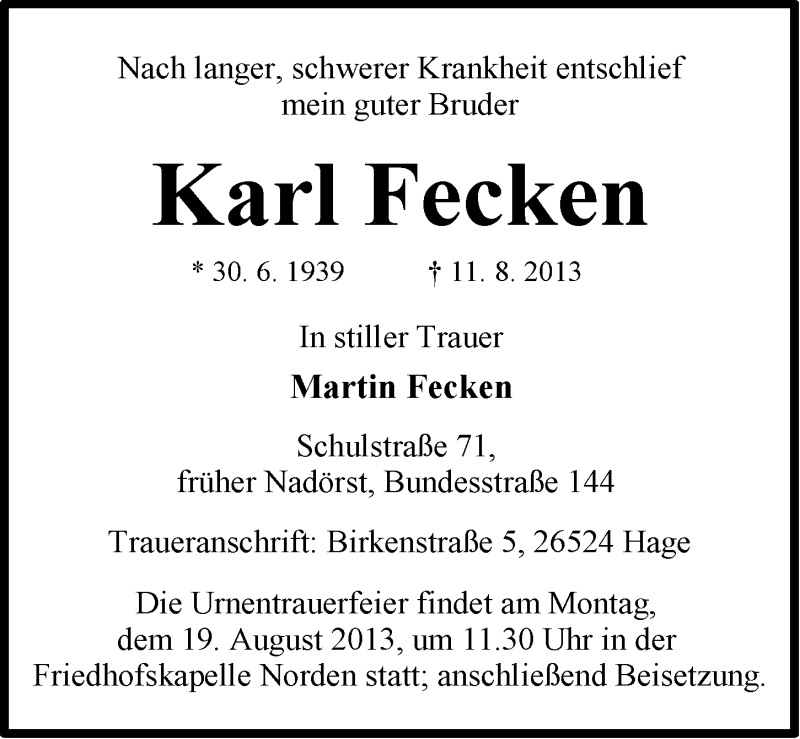  Traueranzeige für Karl Fecken vom 14.08.2013 aus Ostfriesischer Kurier