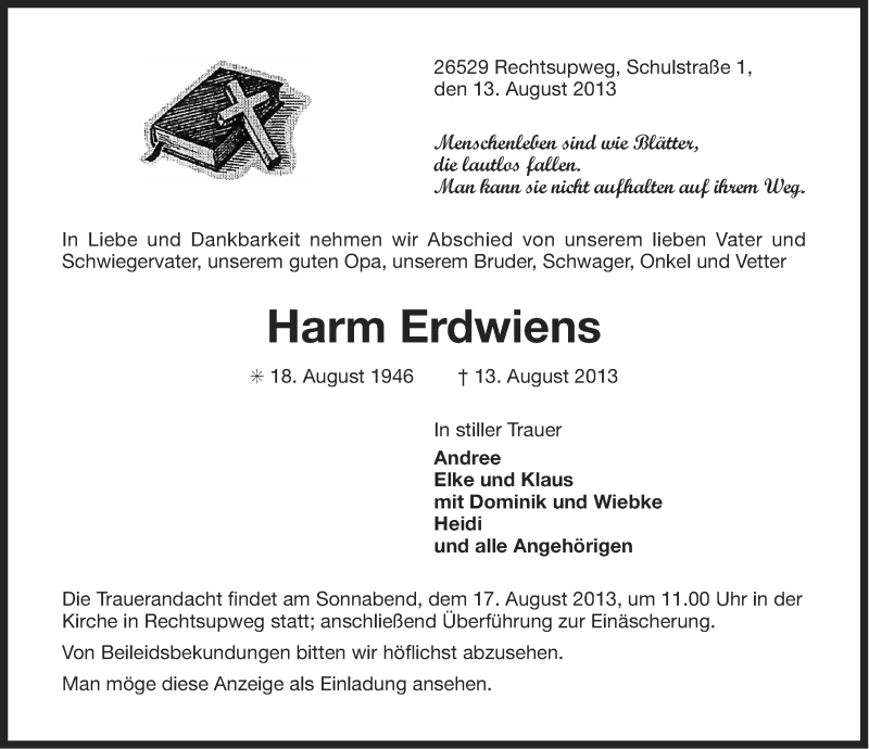  Traueranzeige für Harm Erdwiens vom 15.08.2013 aus Ostfriesischer Kurier