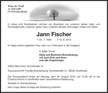Traueranzeige von Jann Fischer von Ostfriesischer Kurier