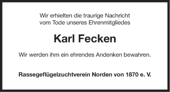 Traueranzeige von Karl Fecken von Ostfriesischer Kurier