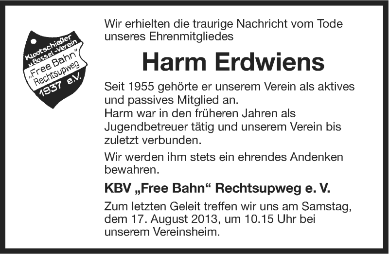  Traueranzeige für Harm Erdwiens vom 16.08.2013 aus Ostfriesischer Kurier