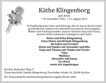 Traueranzeige von Käthe Klingenborg von Ostfriesischer Kurier