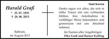 Traueranzeige von Harald Graß von Ostfriesischer Kurier