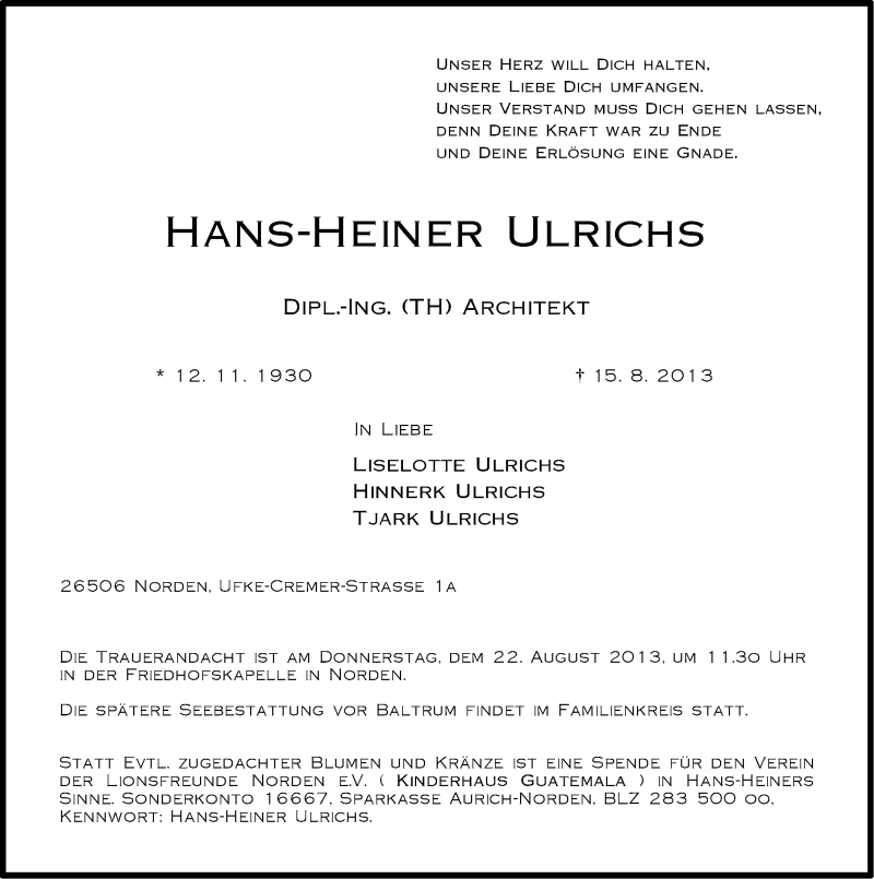  Traueranzeige für Hans-Heiner Ulrichs vom 17.08.2013 aus Ostfriesischer Kurier