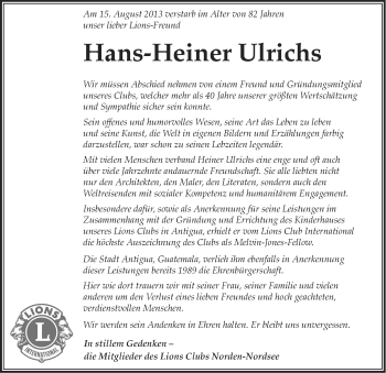 Traueranzeige von Hans-Heiner Ulrichs von Ostfriesischer Kurier