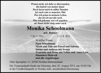 Traueranzeige von Monika Schoolmann von Ostfriesischer Kurier