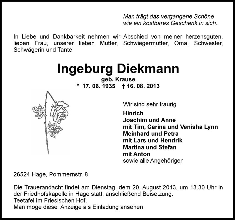  Traueranzeige für Ingeburg Diekmann vom 17.08.2013 aus Ostfriesischer Kurier