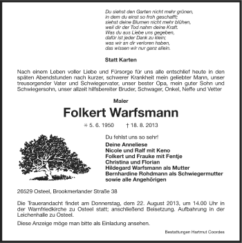 Traueranzeige von Folkert Warfsmann von Ostfriesischer Kurier