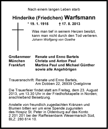 Traueranzeige von Hinderike Warfsmann von Ostfriesischer Kurier