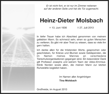 Traueranzeige von Heinz-Dieter Molsbach von Ostfriesischer Kurier