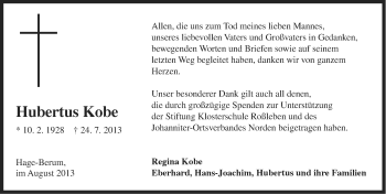Traueranzeige von Hubertus Kobe von Ostfriesischer Kurier