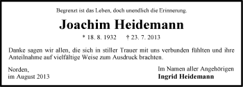 Traueranzeige von Joachim Heidemann von Ostfriesischer Kurier
