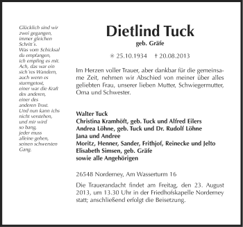 Traueranzeige von Dietlind Tuck von Ostfriesischer Kurier