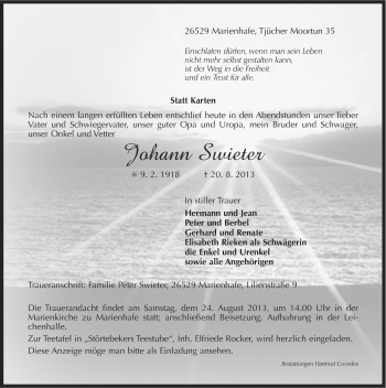 Traueranzeige von Johann Swieter von Ostfriesischer Kurier
