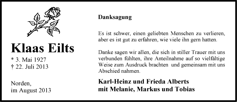  Traueranzeige für Klaas Eilts vom 24.08.2013 aus Ostfriesischer Kurier