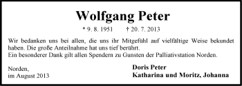 Traueranzeige von Wolfgang Peter von Ostfriesischer Kurier