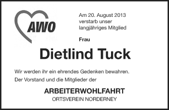 Traueranzeige von Dietlind Tuck von Ostfriesischer Kurier