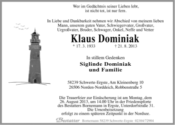 Traueranzeige von Klaus Dominiak von Ostfriesischer Kurier