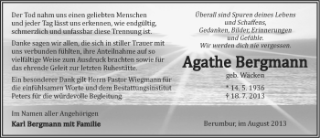Traueranzeige von Agathe Bergmann von Ostfriesischer Kurier