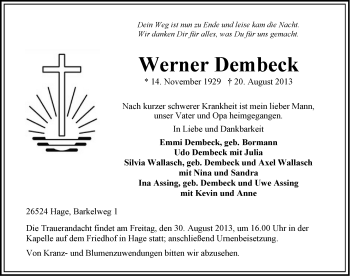 Traueranzeige von Werner Dembeck von Ostfriesischer Kurier