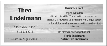 Traueranzeige von Theo Endelmann von Ostfriesischer Kurier