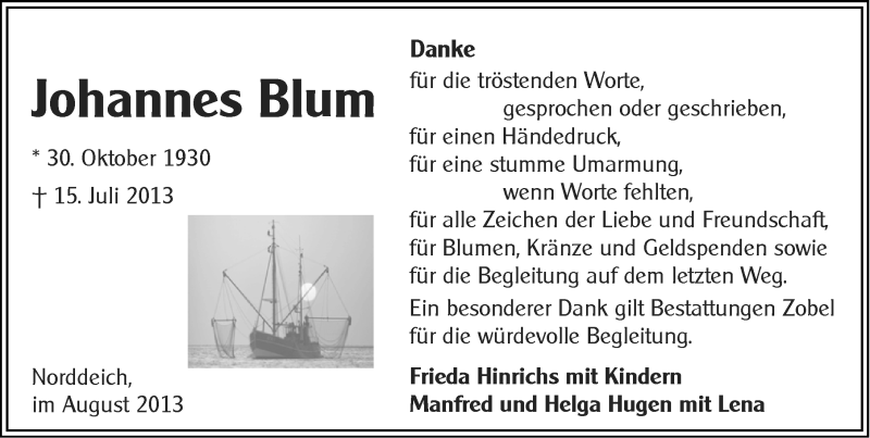  Traueranzeige für Johannes Blum vom 24.08.2013 aus Ostfriesischer Kurier