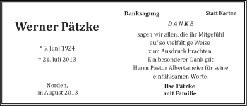 Traueranzeige von Werner Pätzke von Ostfriesischer Kurier