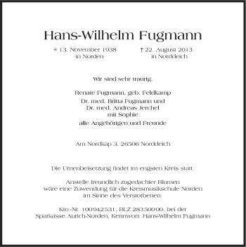 Traueranzeige von Hans-Wilhelm Fugmann von Ostfriesischer Kurier